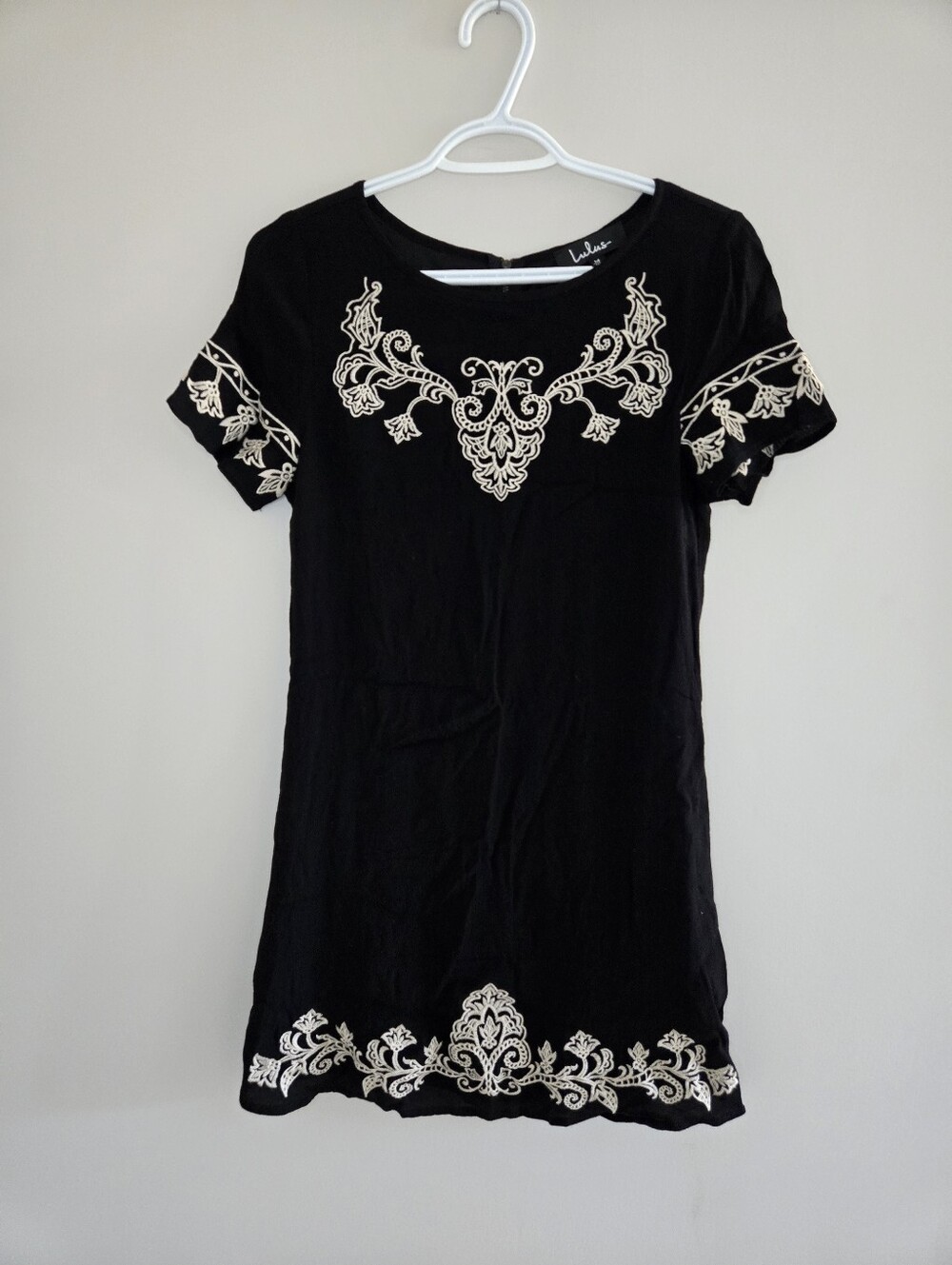 Lulu's Black A Line Mini Dress with Cream Embroidery - Fully Lined